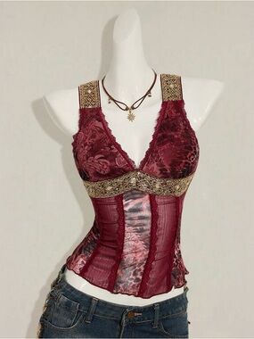 Burgundy Lace & Mixed-Print Bustier Tank with Gold Trim